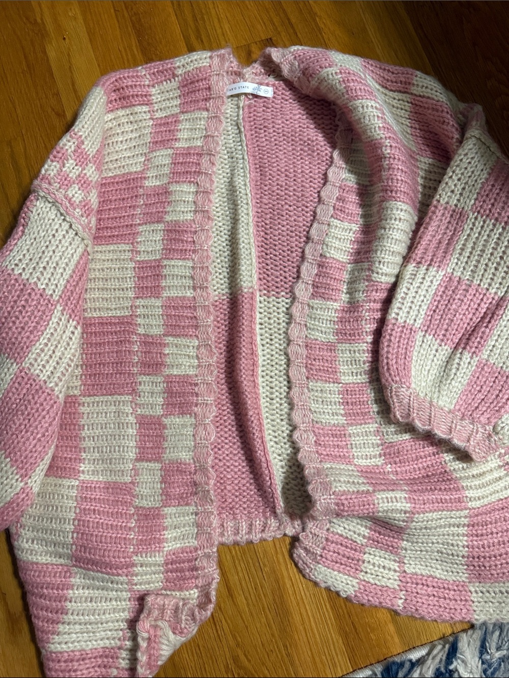 Altar'd State Pink and Cream Crochet Checkered Cardigan - Picture 3 of 3
